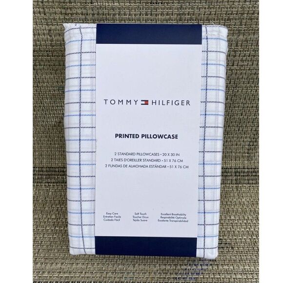 Tommy Hilfiger Other - Tommy Hilfiger White Blue Plaid Printed Cotton Blend STANDARD Pillowcase Set 2pc